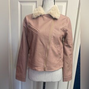 Pink and Cream Leather Jacket with Faux Fur Collar